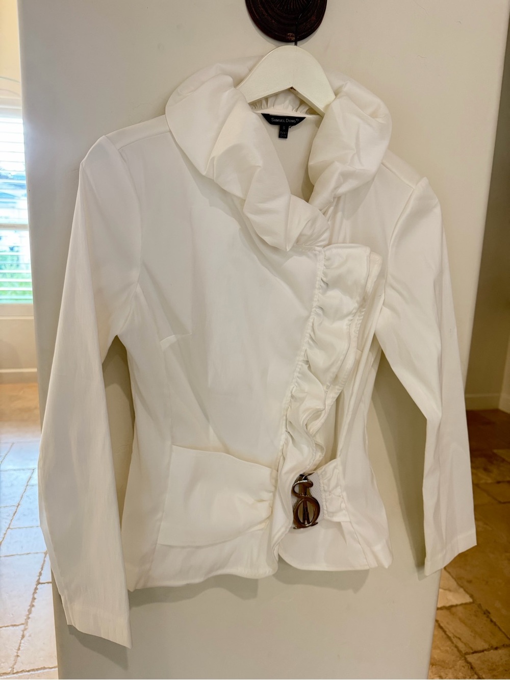 Samuel Dong White Ruffle Statement Blouse Top Size S